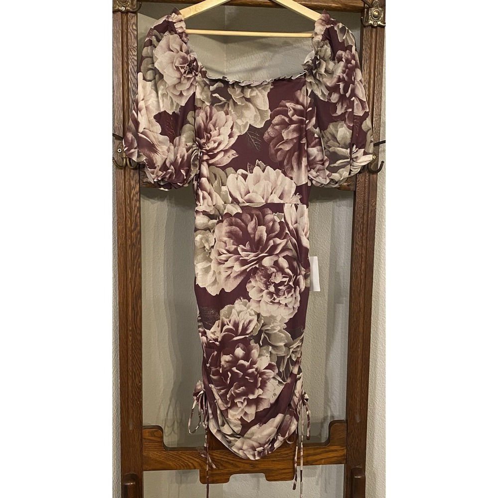 MIA JOY Bodycon Dress Womens M Stretchy Blooming Floral Drawstring Sides NWT - Picture 5 of 14